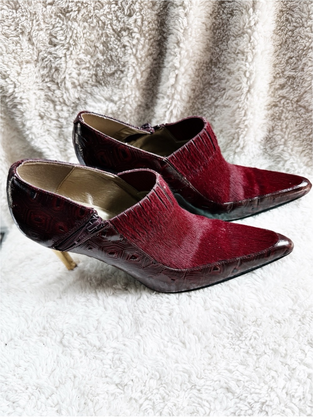 Burgundy Pointed-Toe Pony Hair Bootie with Gold Heel